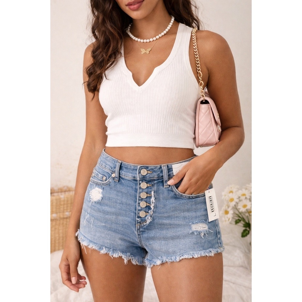 Just USA Denim Jean Shorts Distressed Y2K Mid‎ Rise Frayed Hem Size L